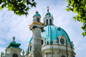 St. Charles Church Cathedral on Karlsplatz in Old city center in Vienna, Austria. Wien in Europe. St. Charles Church Cathedral on Karlsplatz in Old city center in Vienna, Austria. Wien in Europe.
